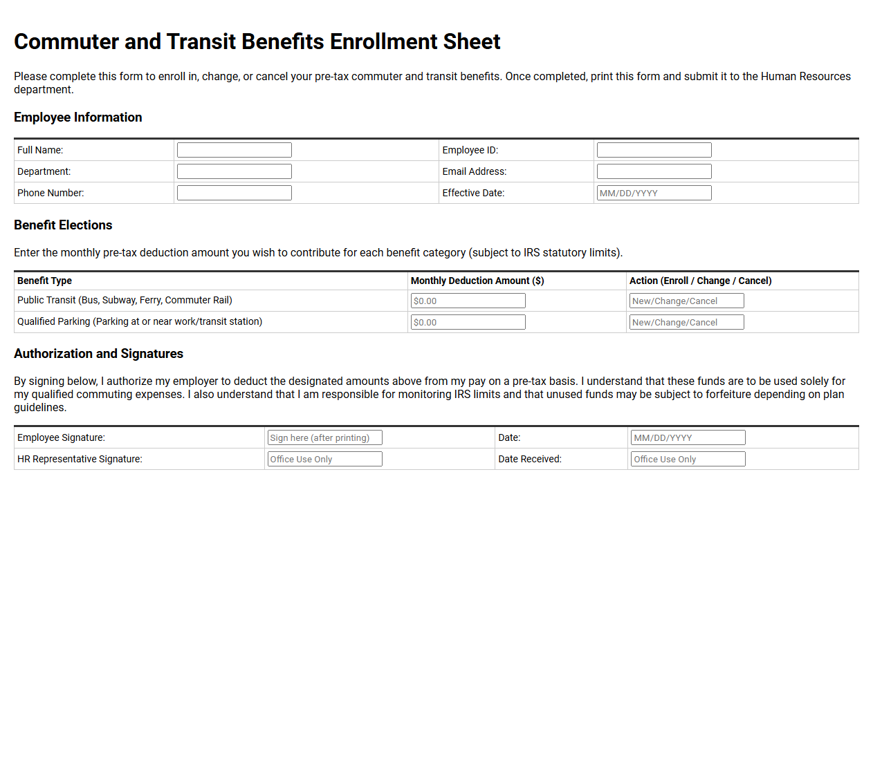 Commuter and Transit Benefits Enrollment Sheet