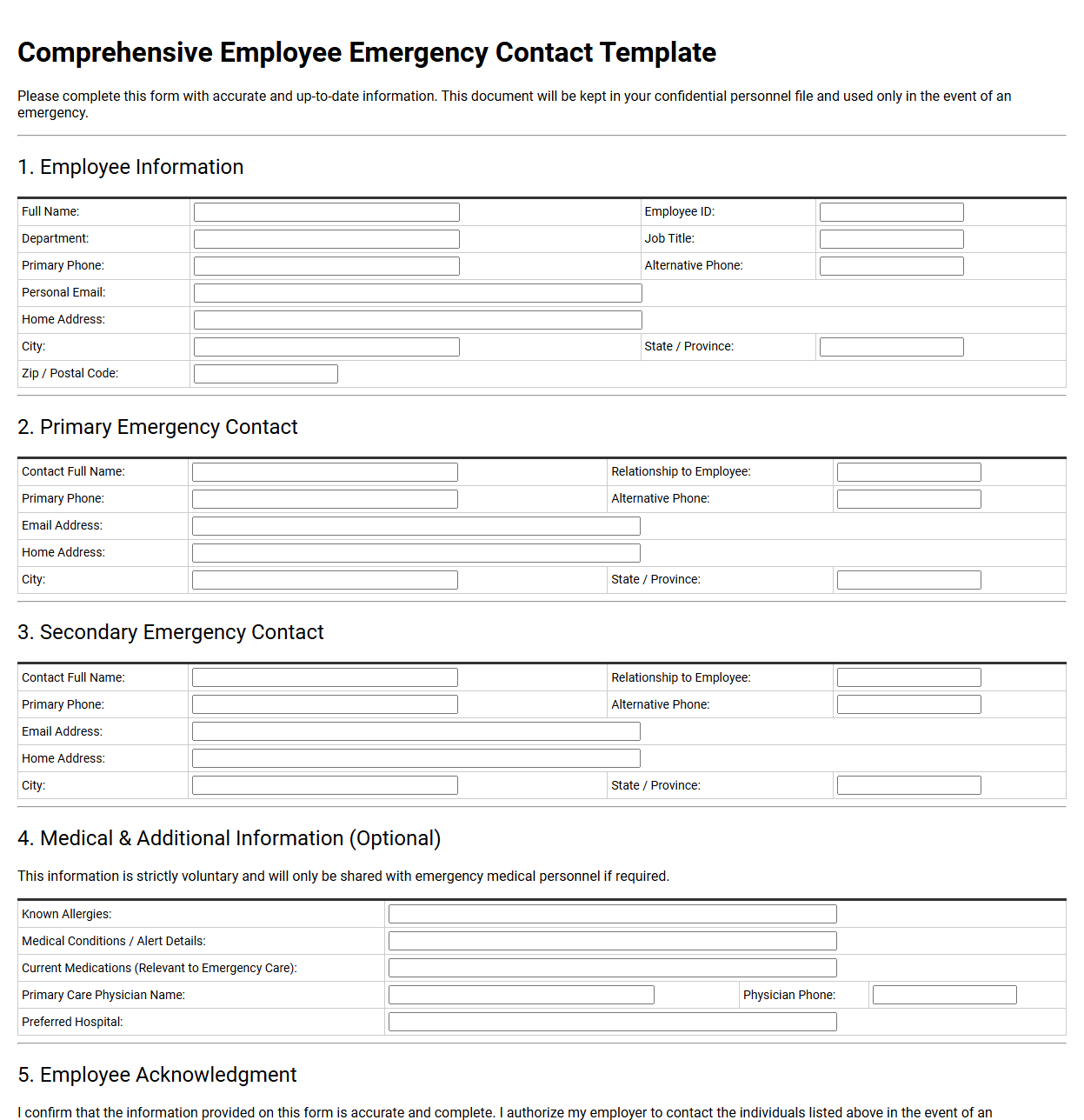 Comprehensive Employee Emergency Contact Template