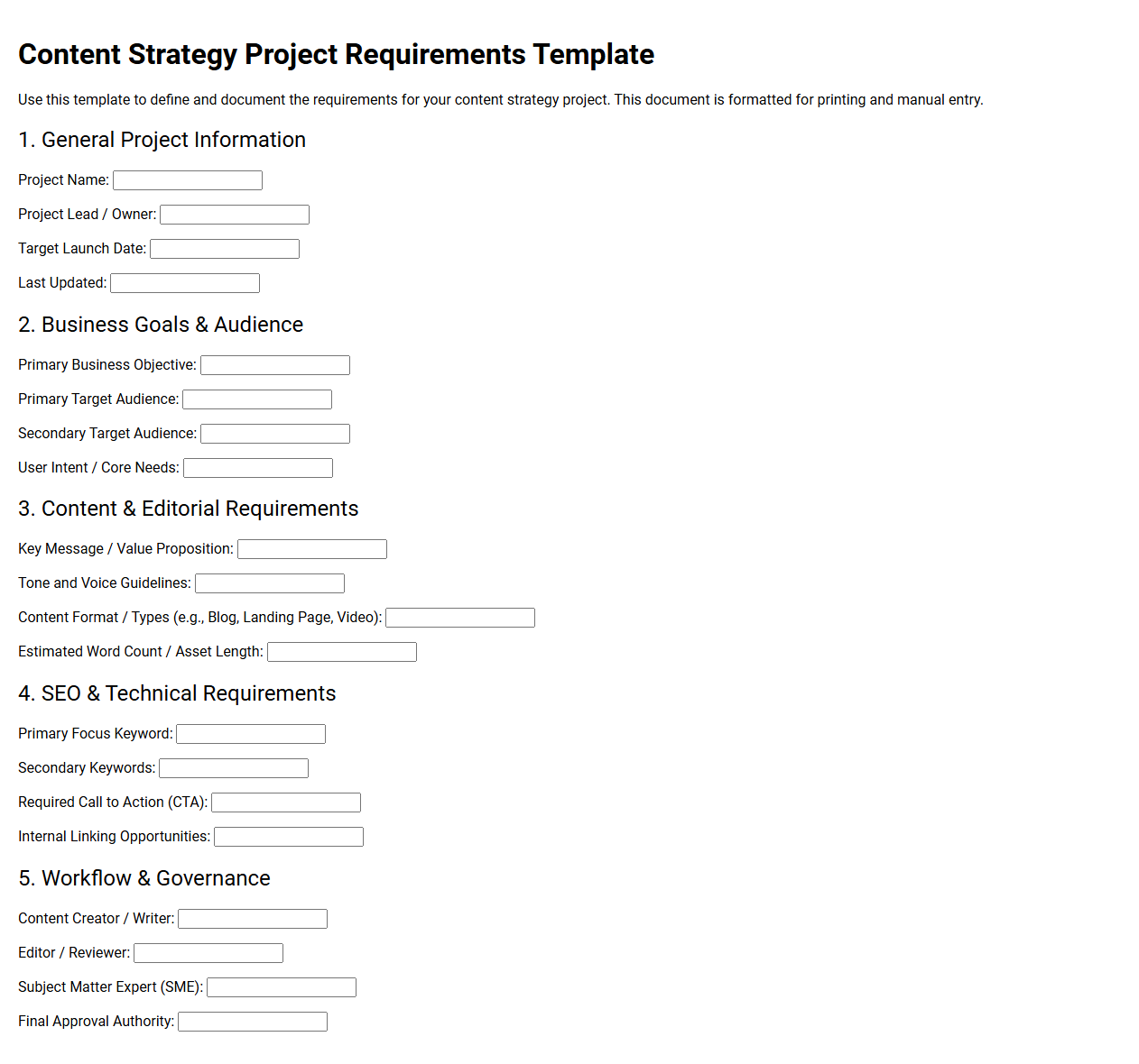 Content Strategy Project Requirements Template
