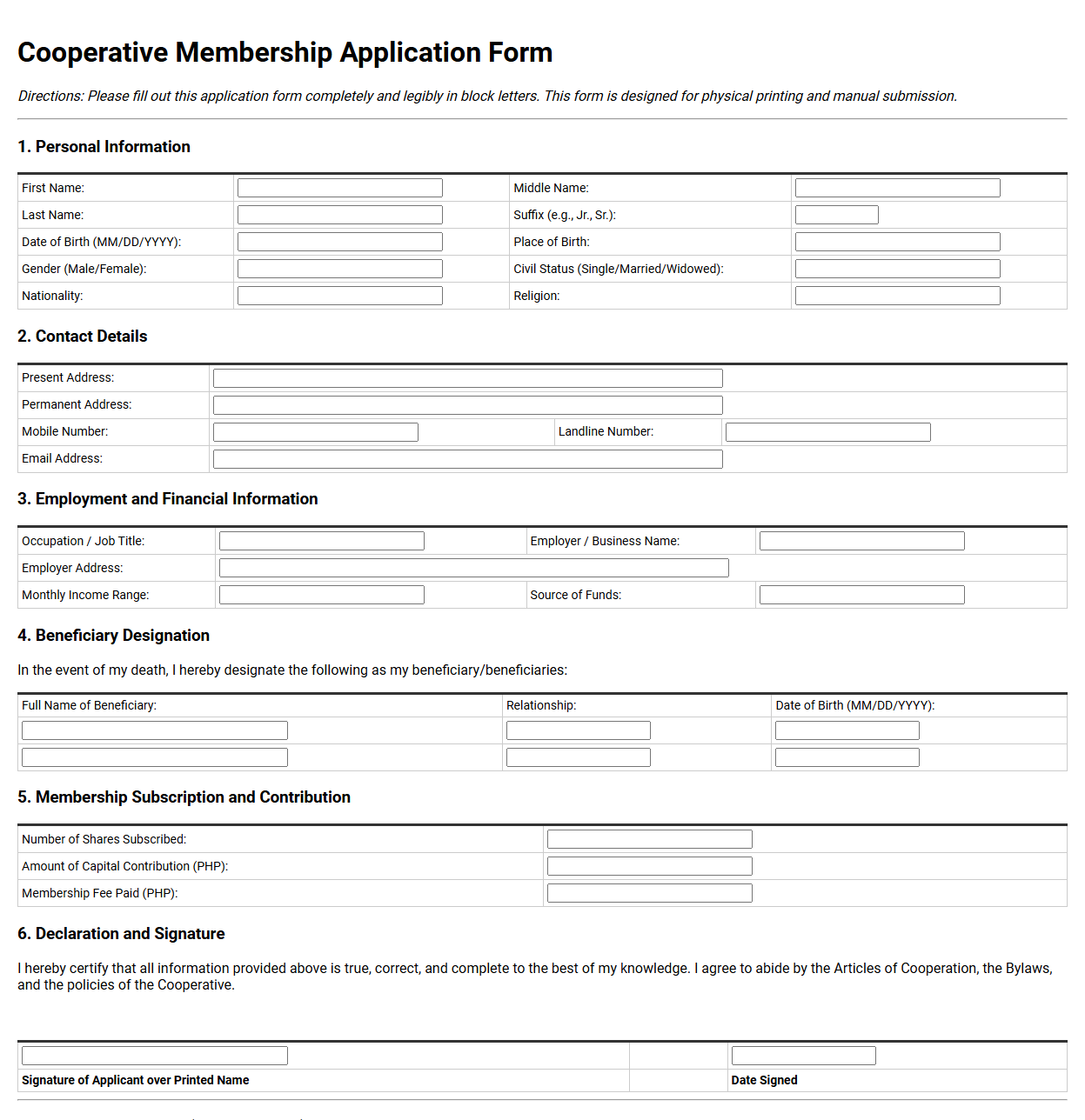 Cooperative Membership Application Form