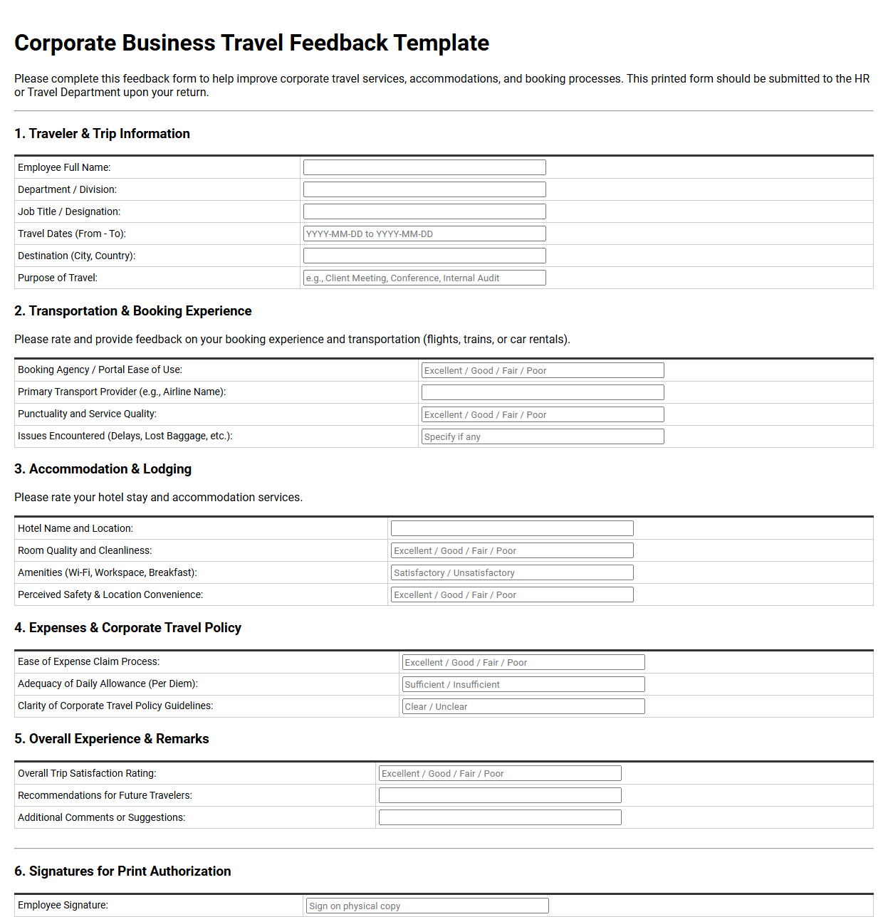 Corporate Business Travel Feedback Template