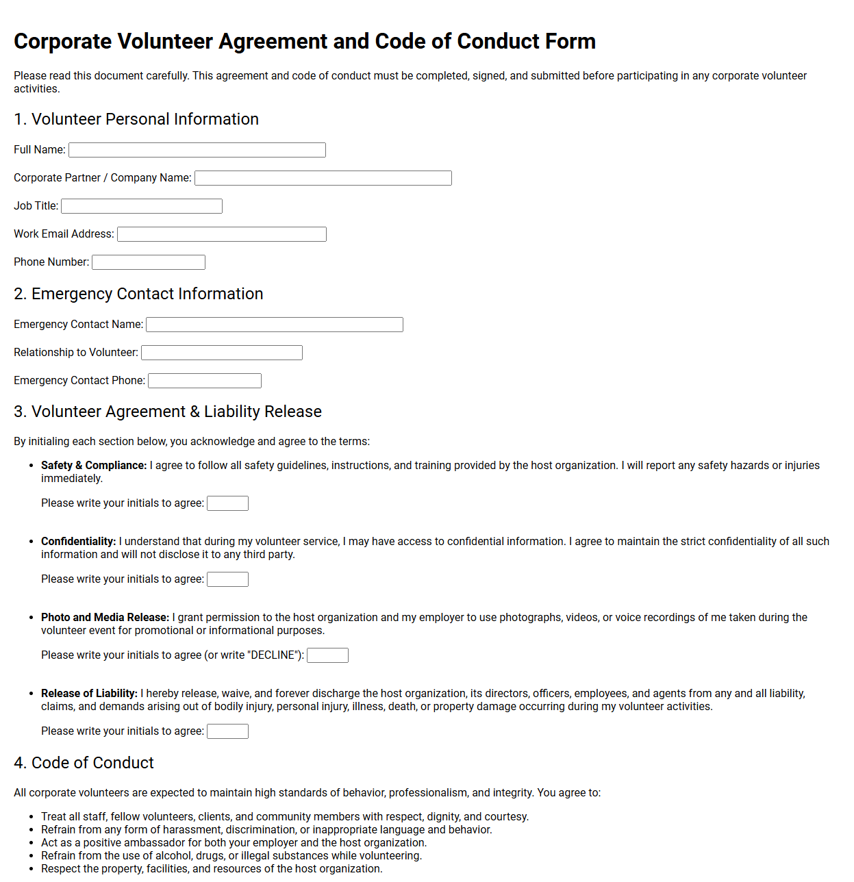 Corporate Volunteer Agreement and Code of Conduct Form