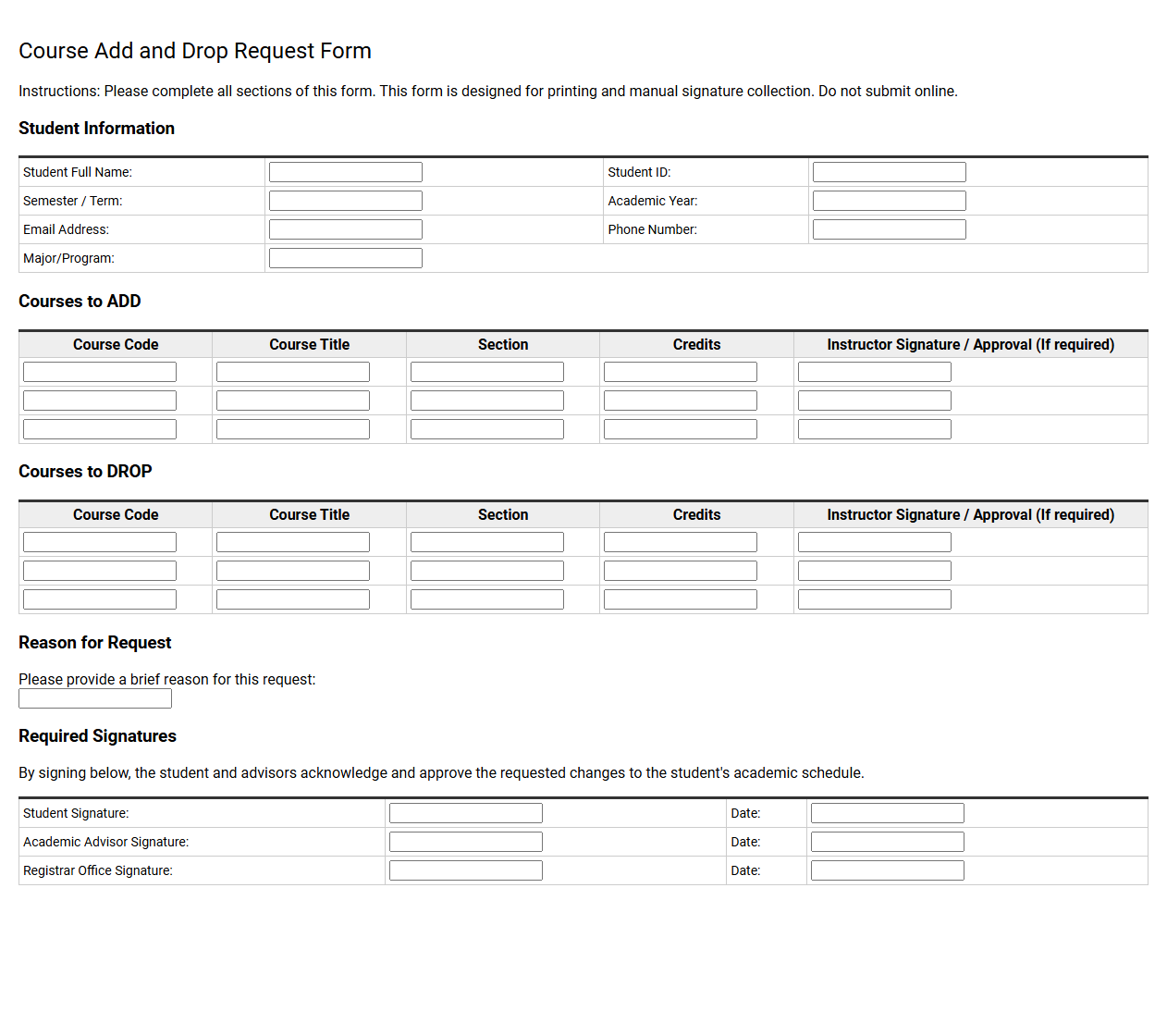 Course Add and Drop Request Form