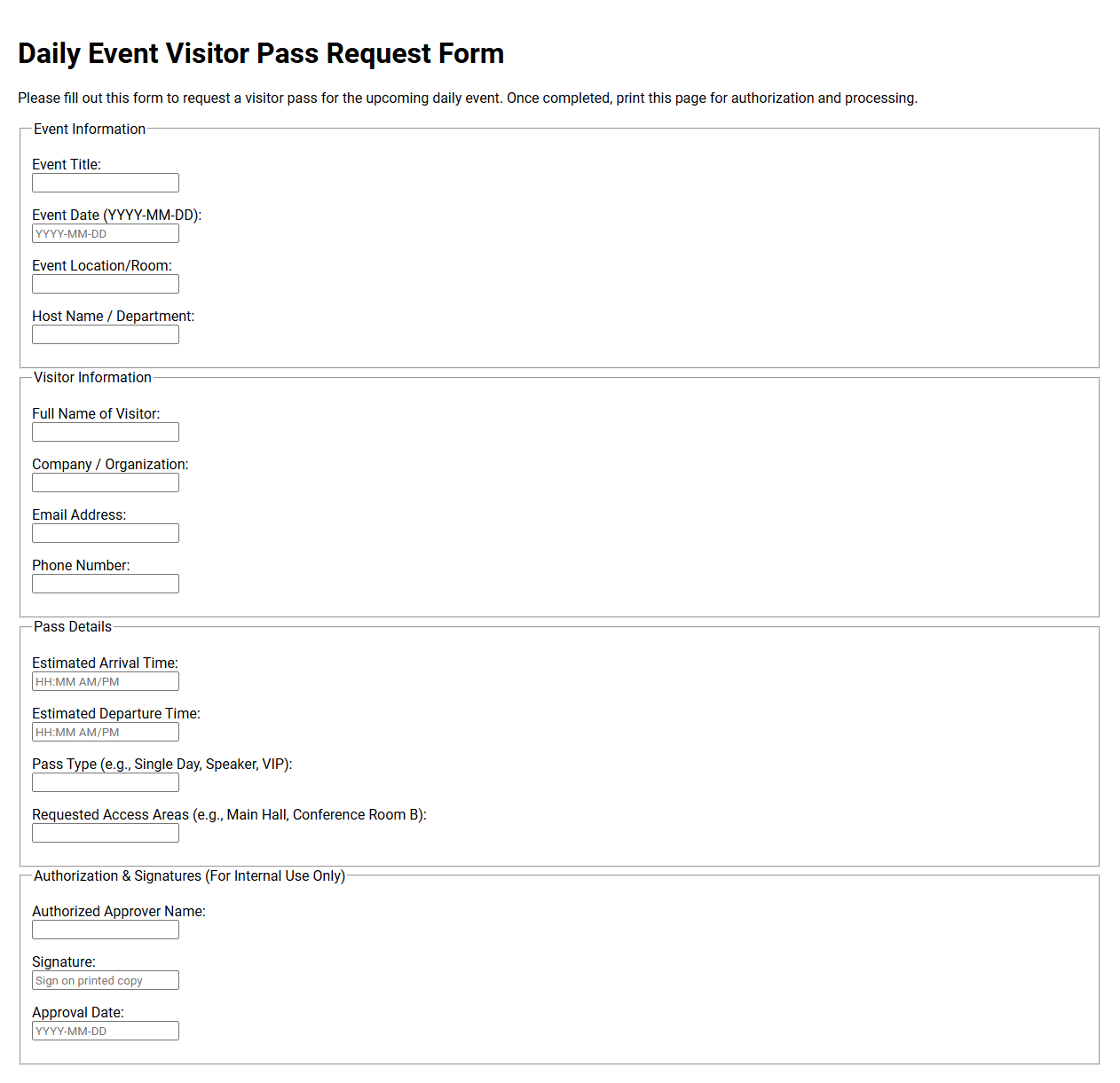 Daily Event Visitor Pass Request Form