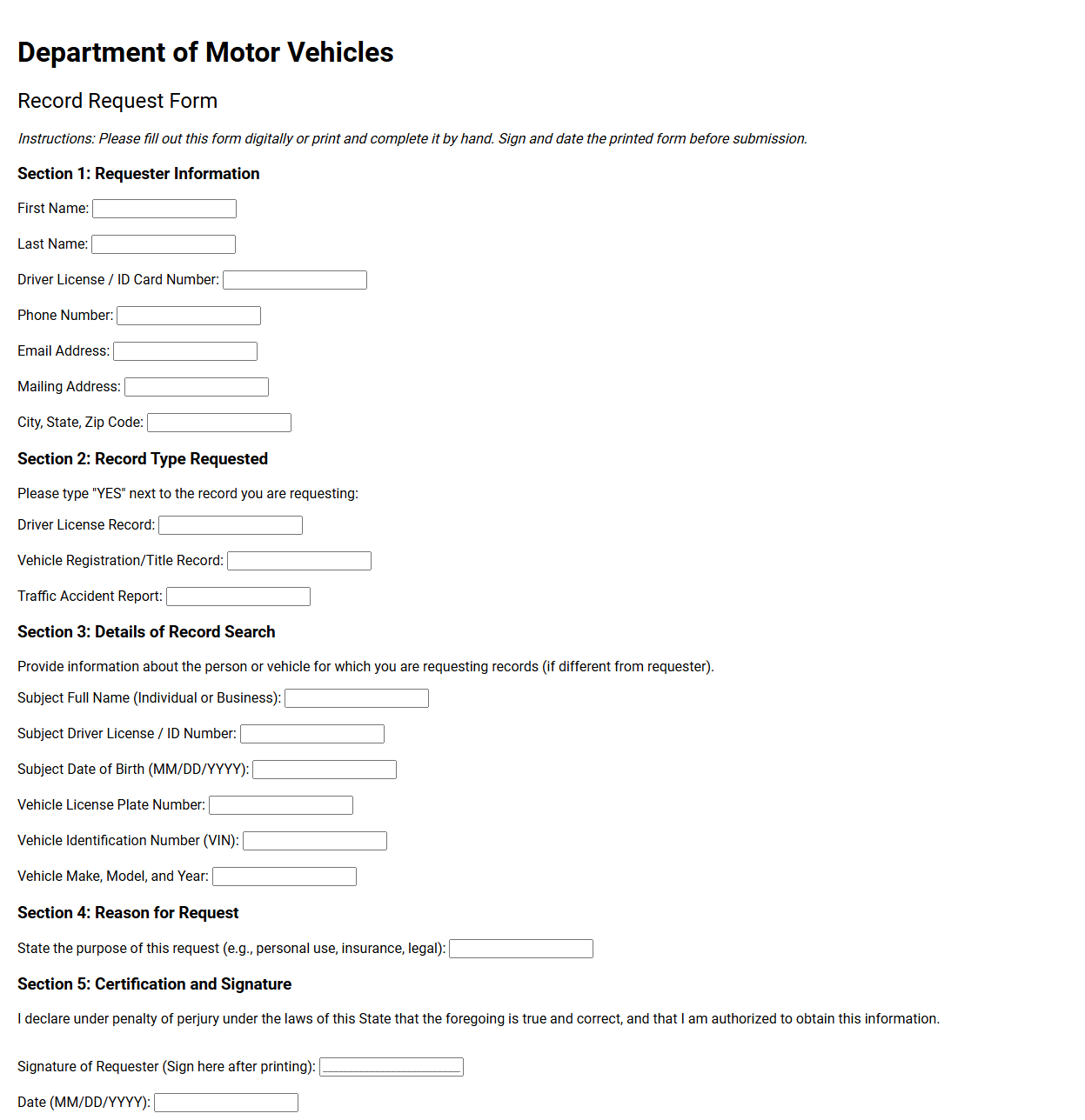 Department of Motor Vehicles Record Request Form