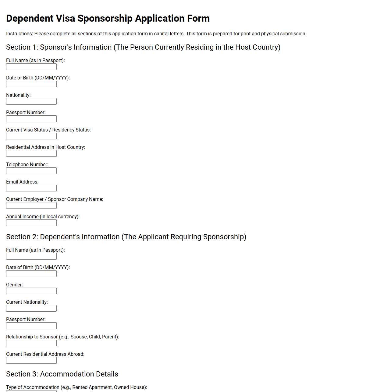 Dependent Visa Sponsorship Application Form