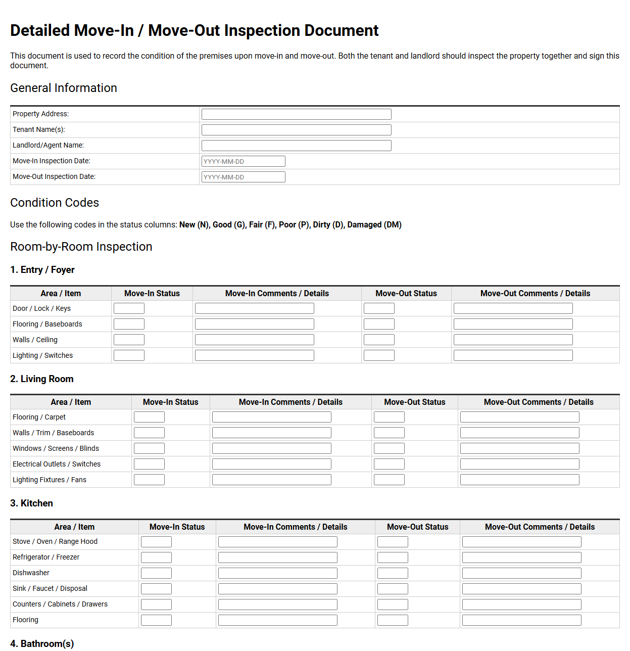 Detailed Move In Move Out Inspection Document