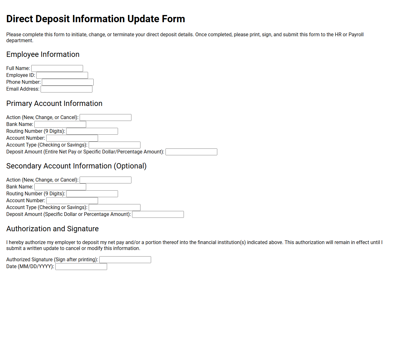 Direct Deposit Information Update Form