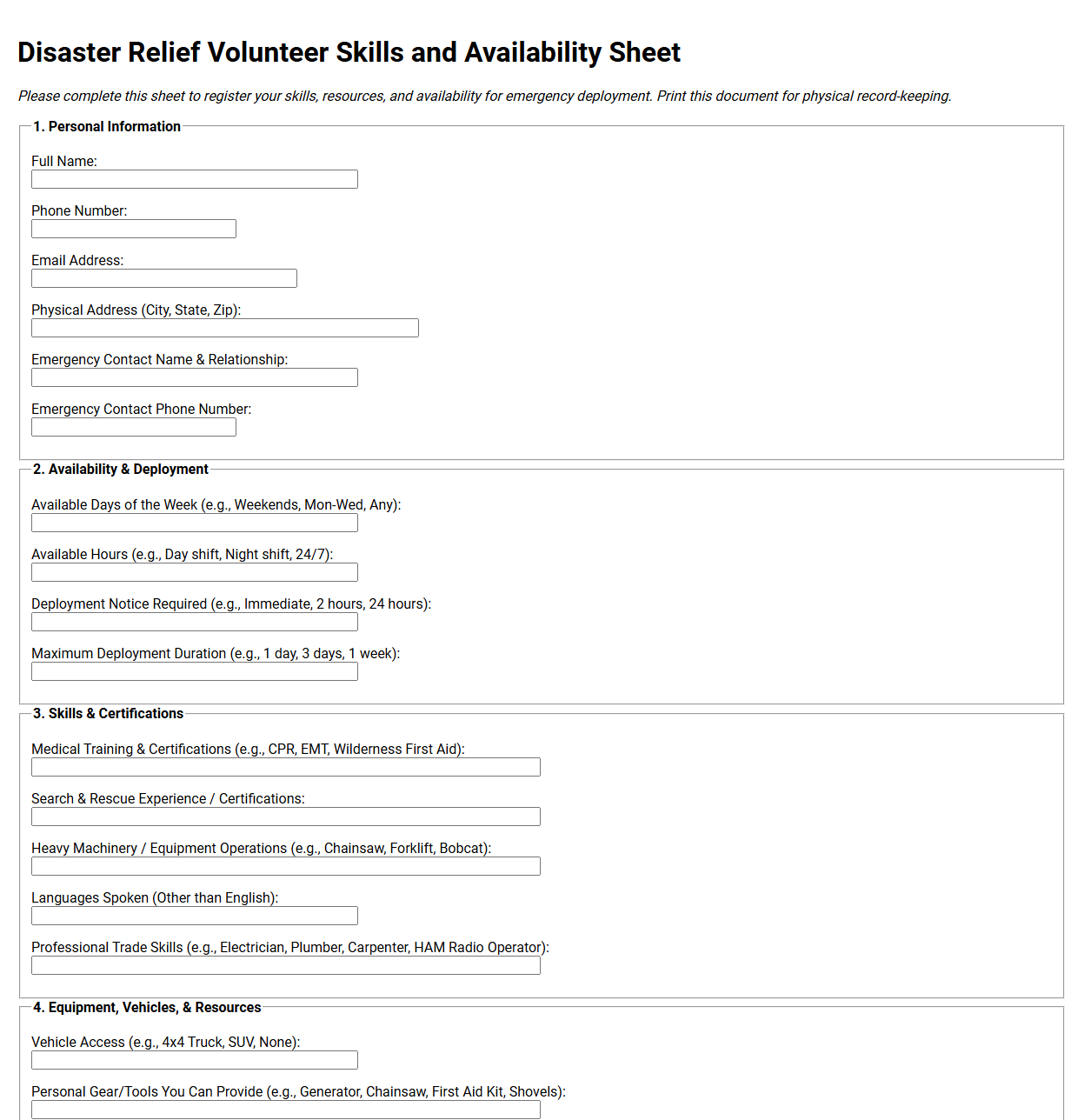 Disaster Relief Volunteer Skills and Availability Sheet