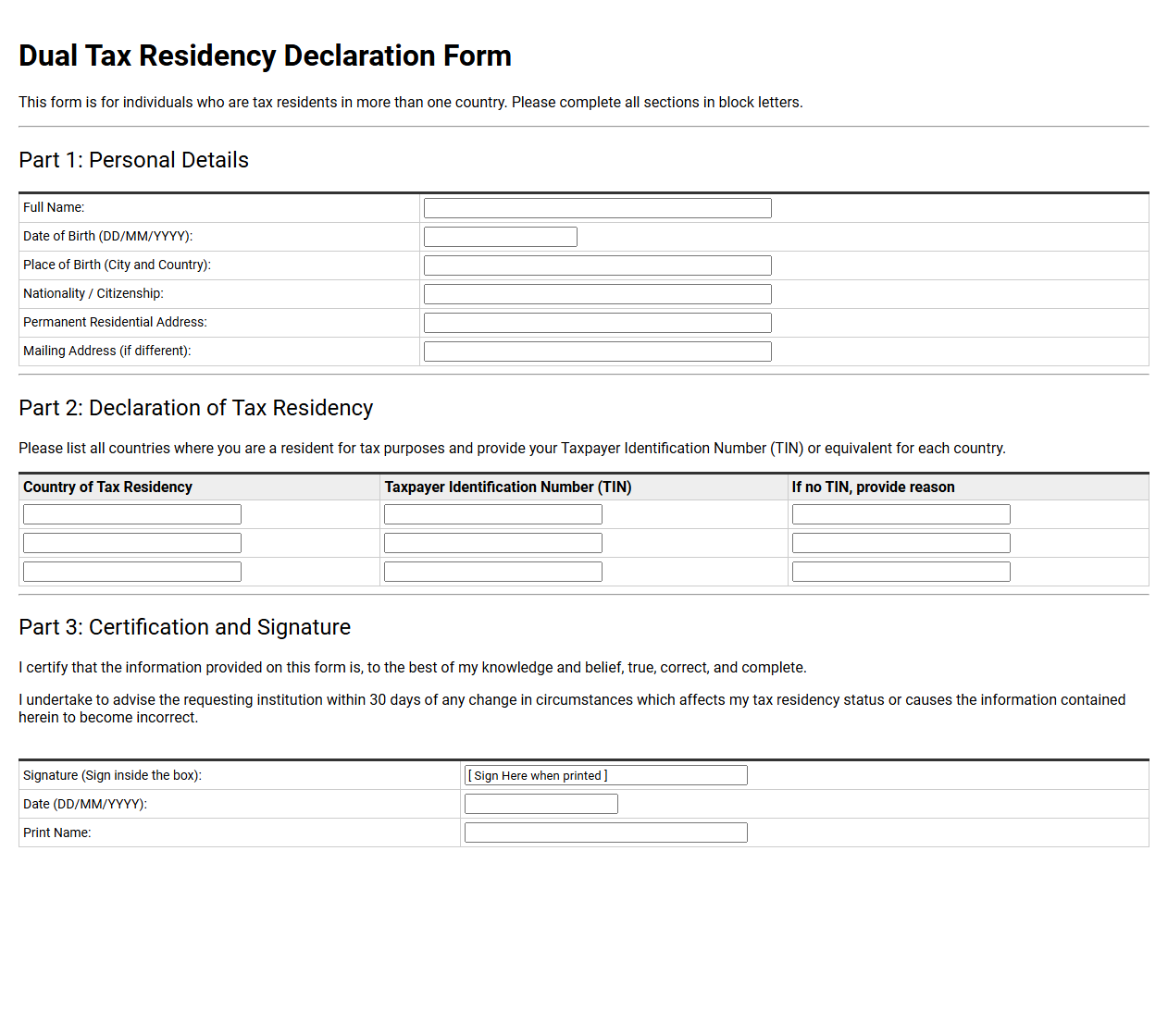 Dual Tax Residency Declaration Form