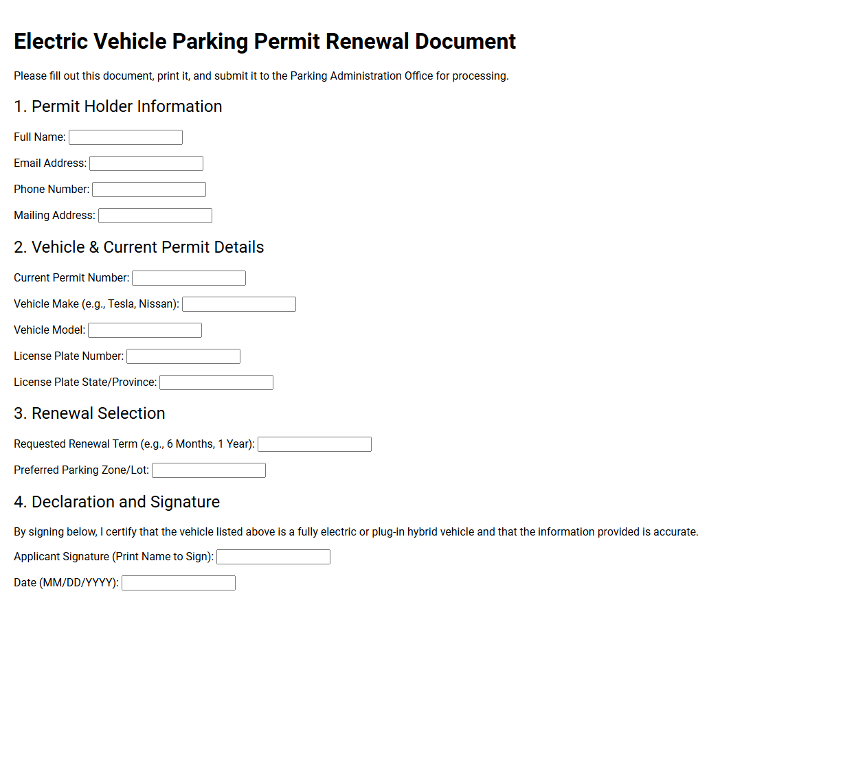 Electric Vehicle Parking Permit Renewal Document