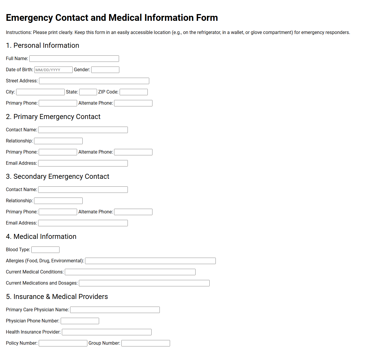 Emergency Contact and Medical Information Form