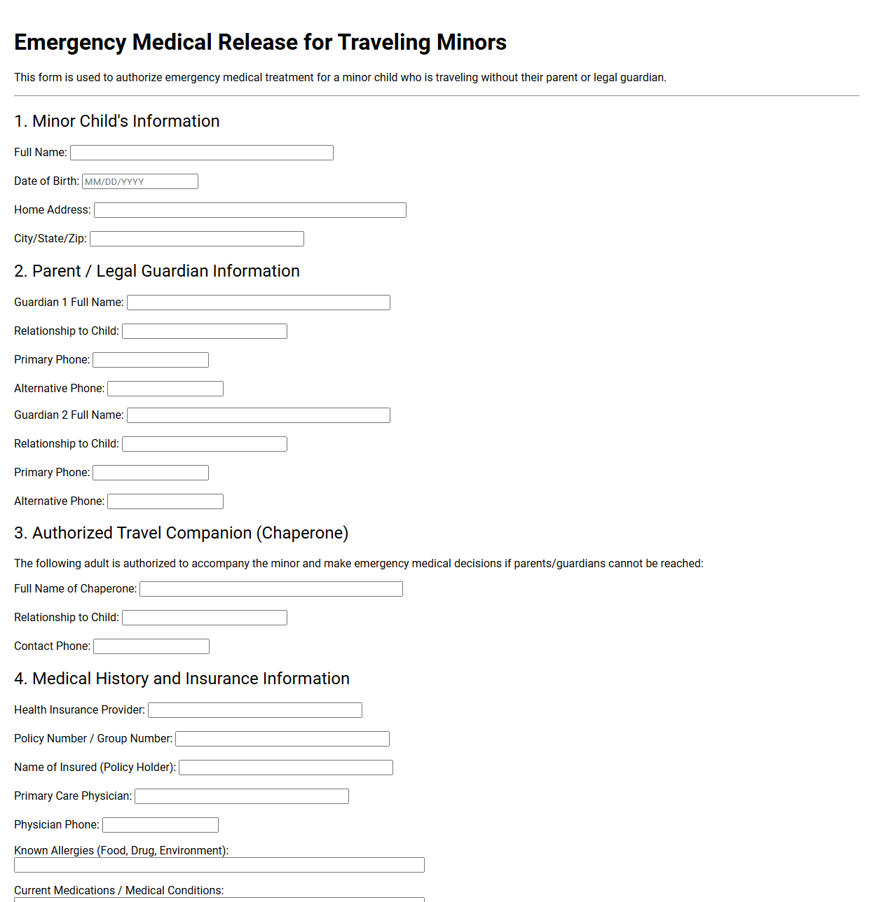 Emergency Medical Release for Traveling Minors