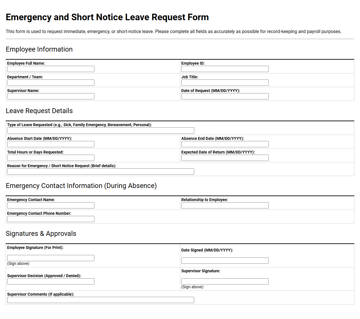 Emergency and Short Notice Leave Request Form Template