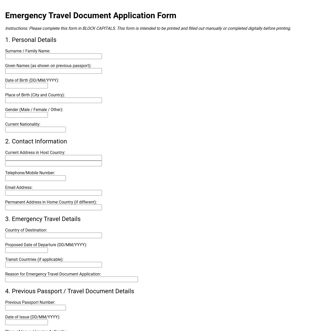 Emergency Travel Document Application Form
