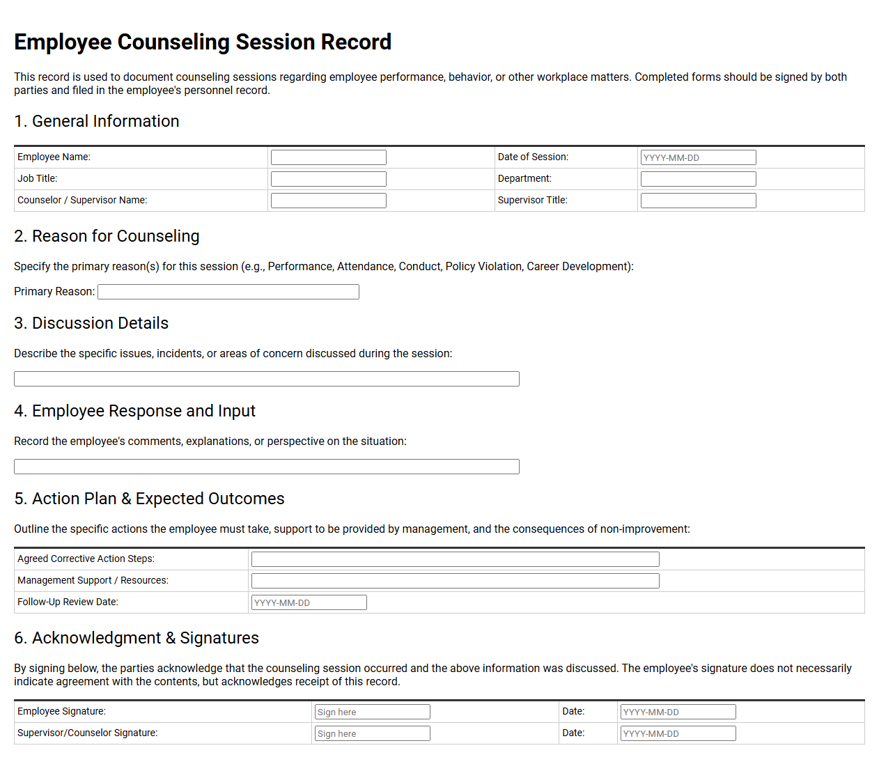 Employee Counseling Session Record Template
