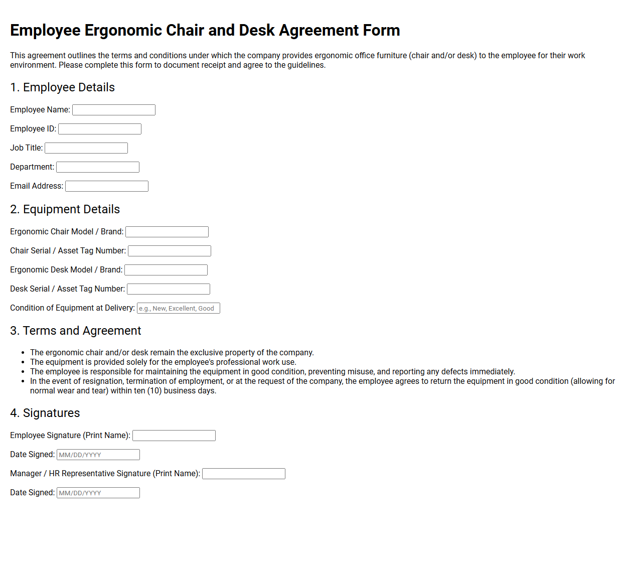Employee Ergonomic Chair and Desk Agreement Form