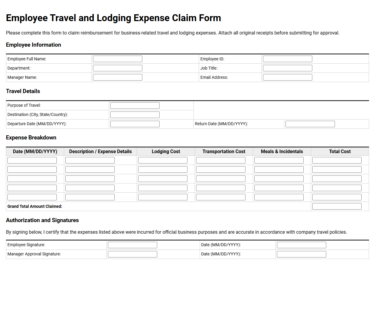 Employee Travel and Lodging Expense Claim Form