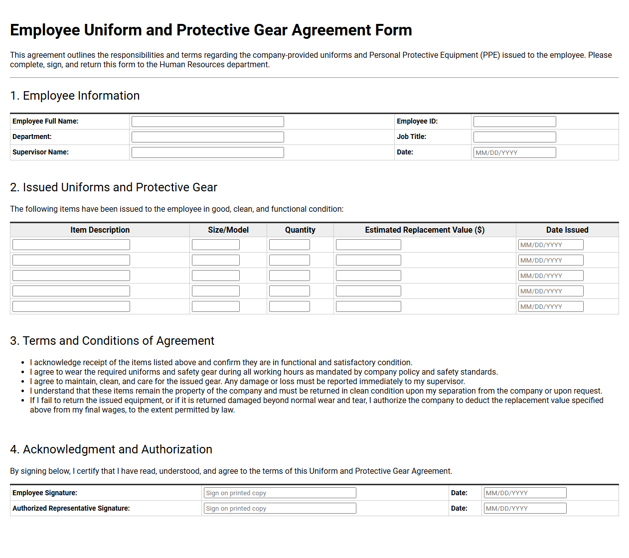 Employee Uniform and Protective Gear Agreement Form