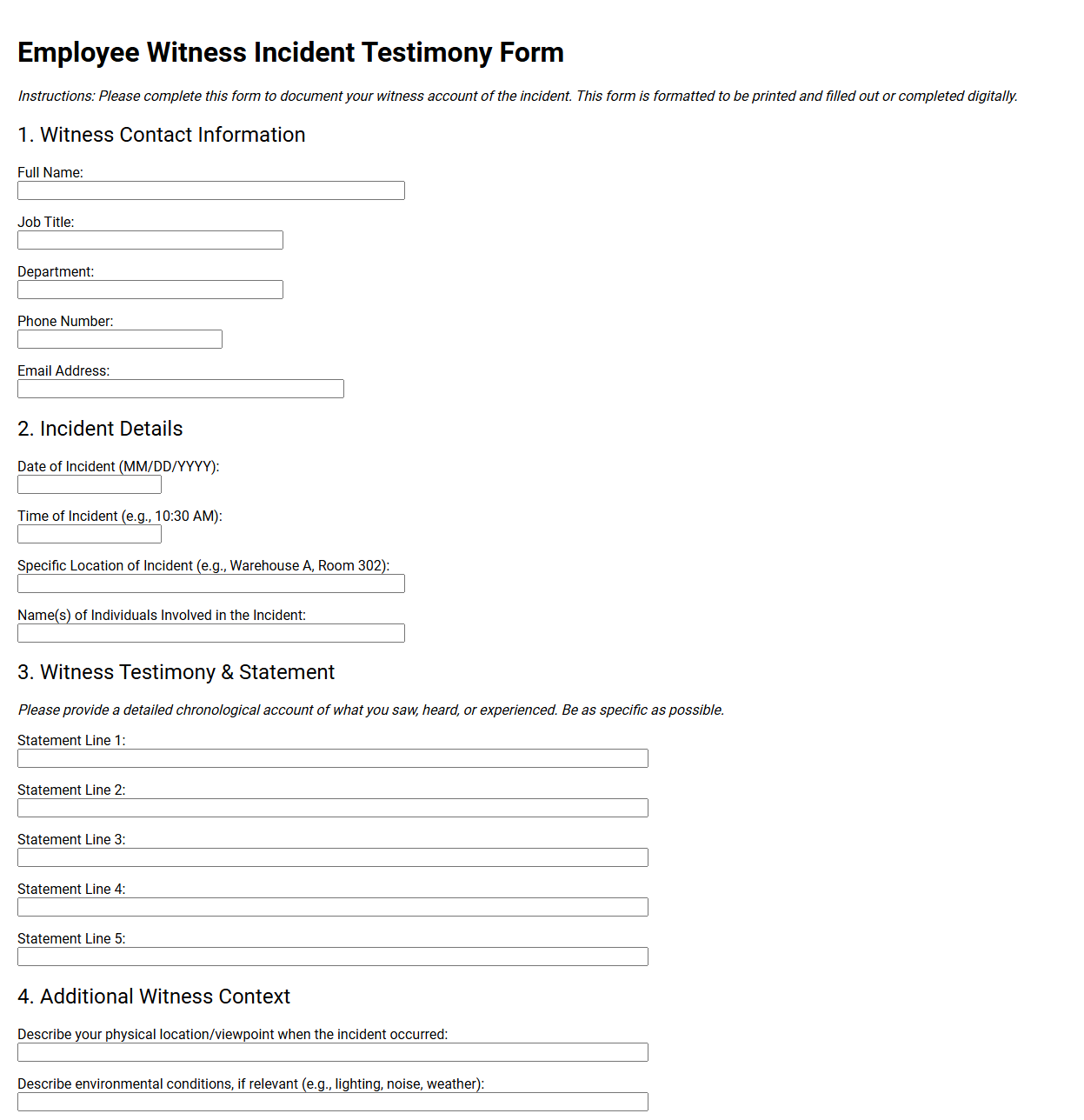 Employee Witness Incident Testimony Form
