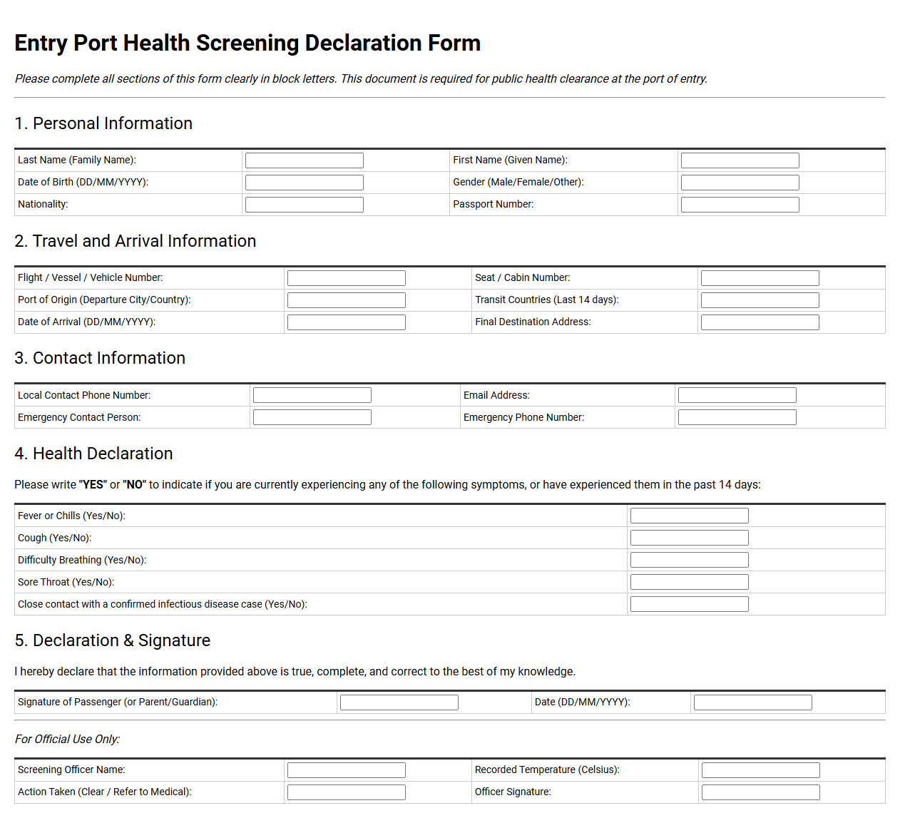 Entry Port Health Screening Declaration Form