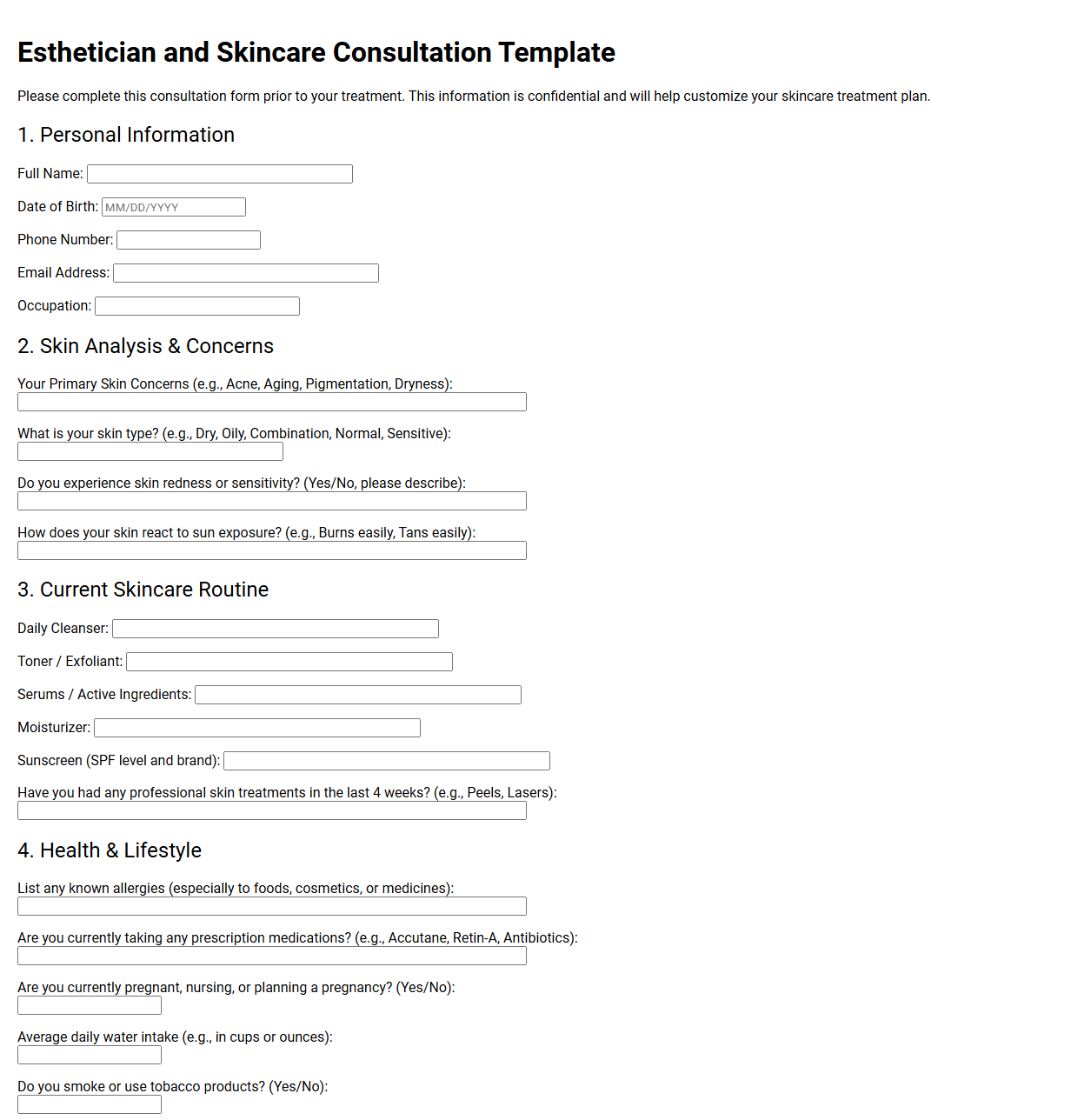 Esthetician and Skincare Consultation Template