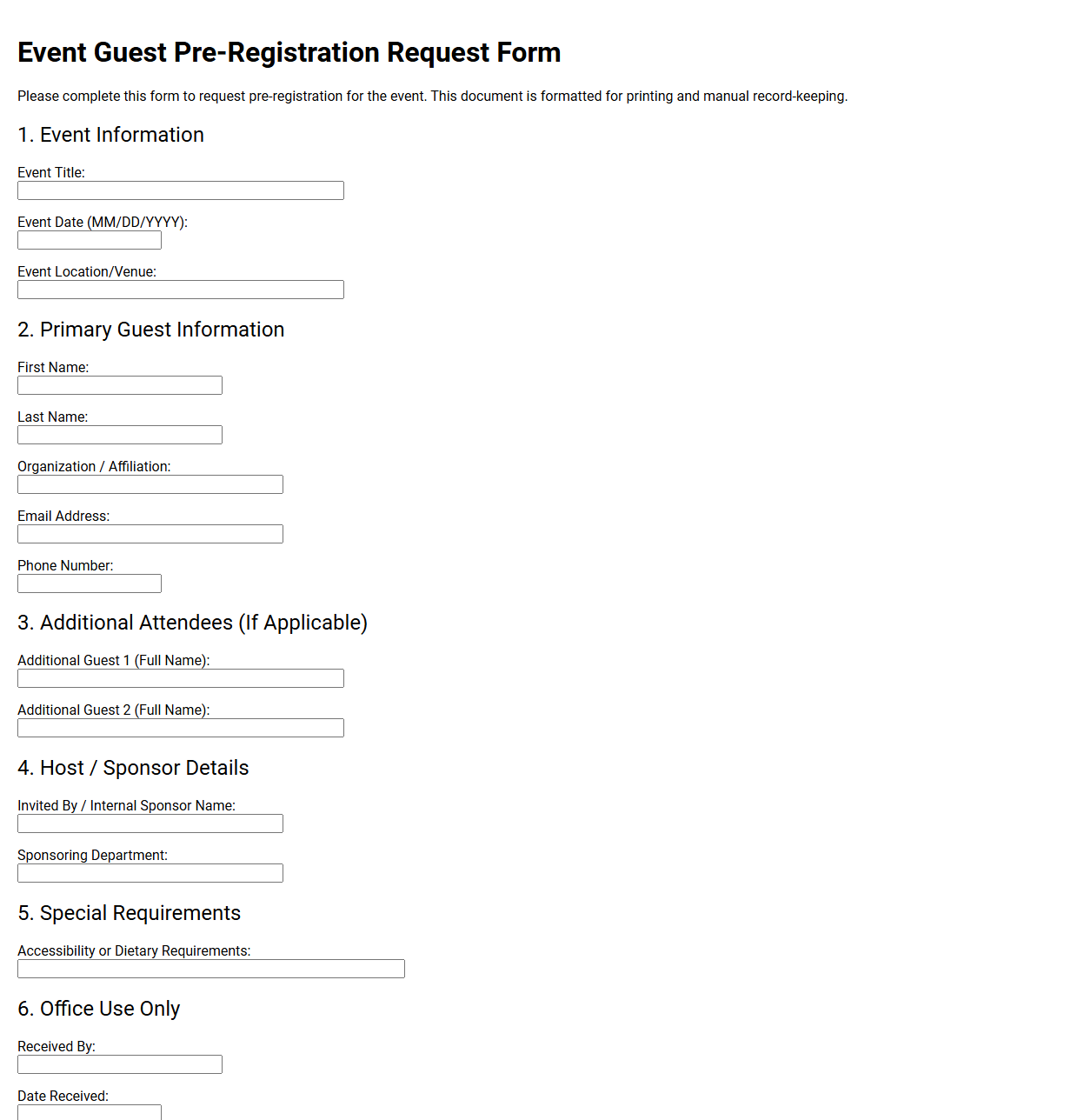 Event Guest Pre Registration Request Form