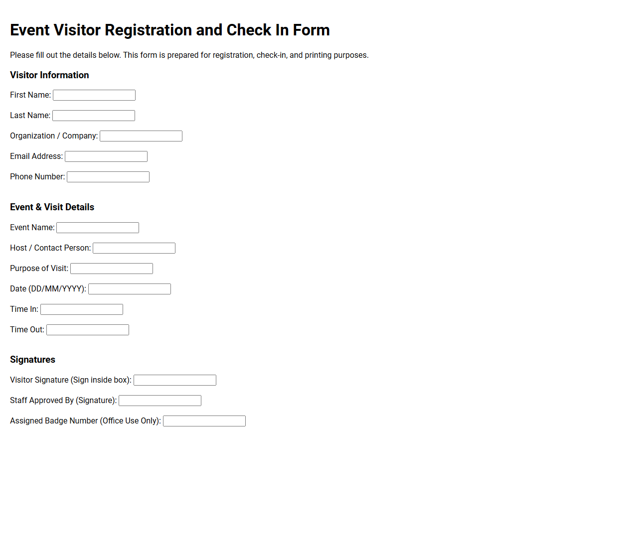Event Visitor Registration and Check In Form