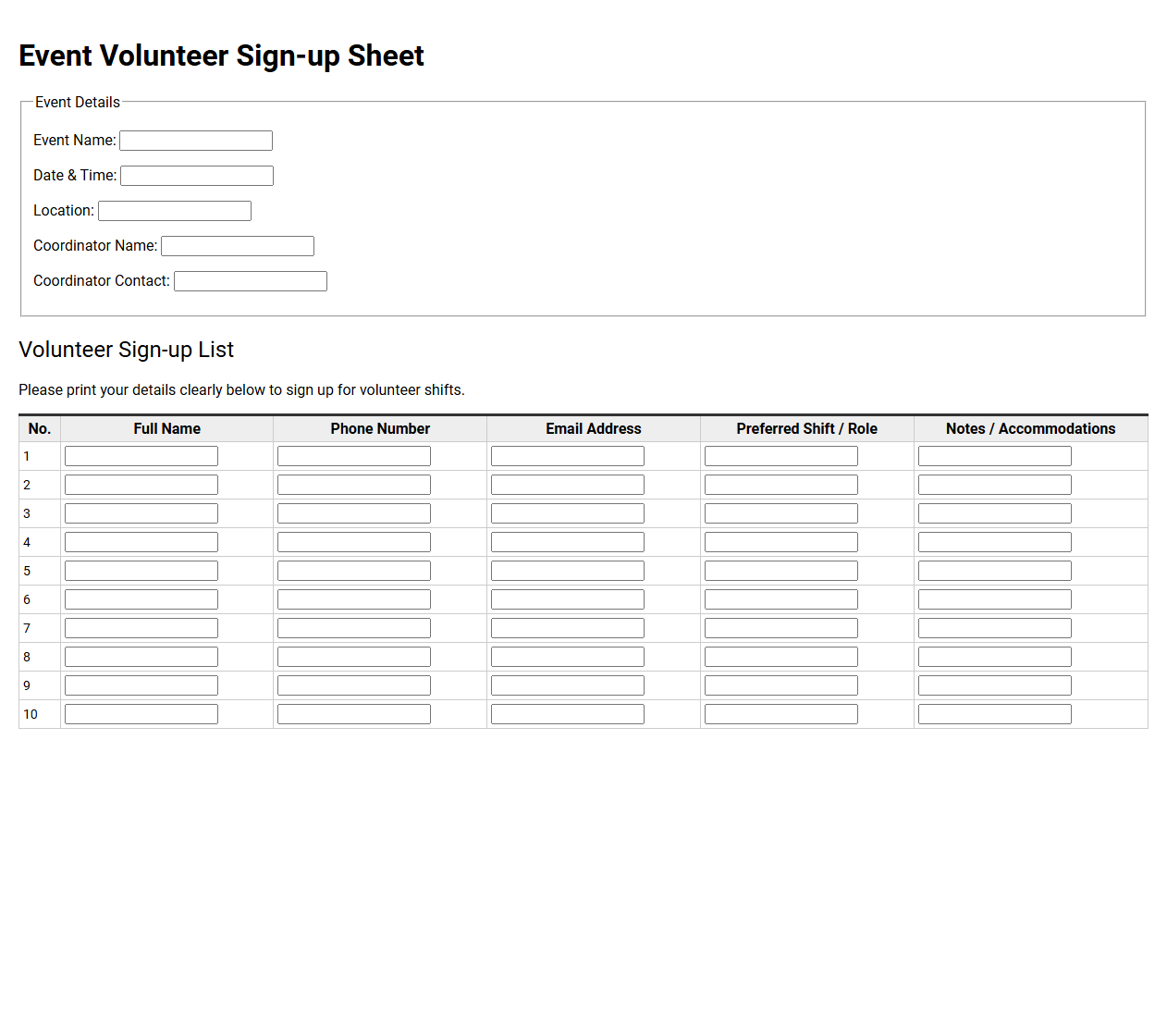 Event Volunteer Sign-up Sheet