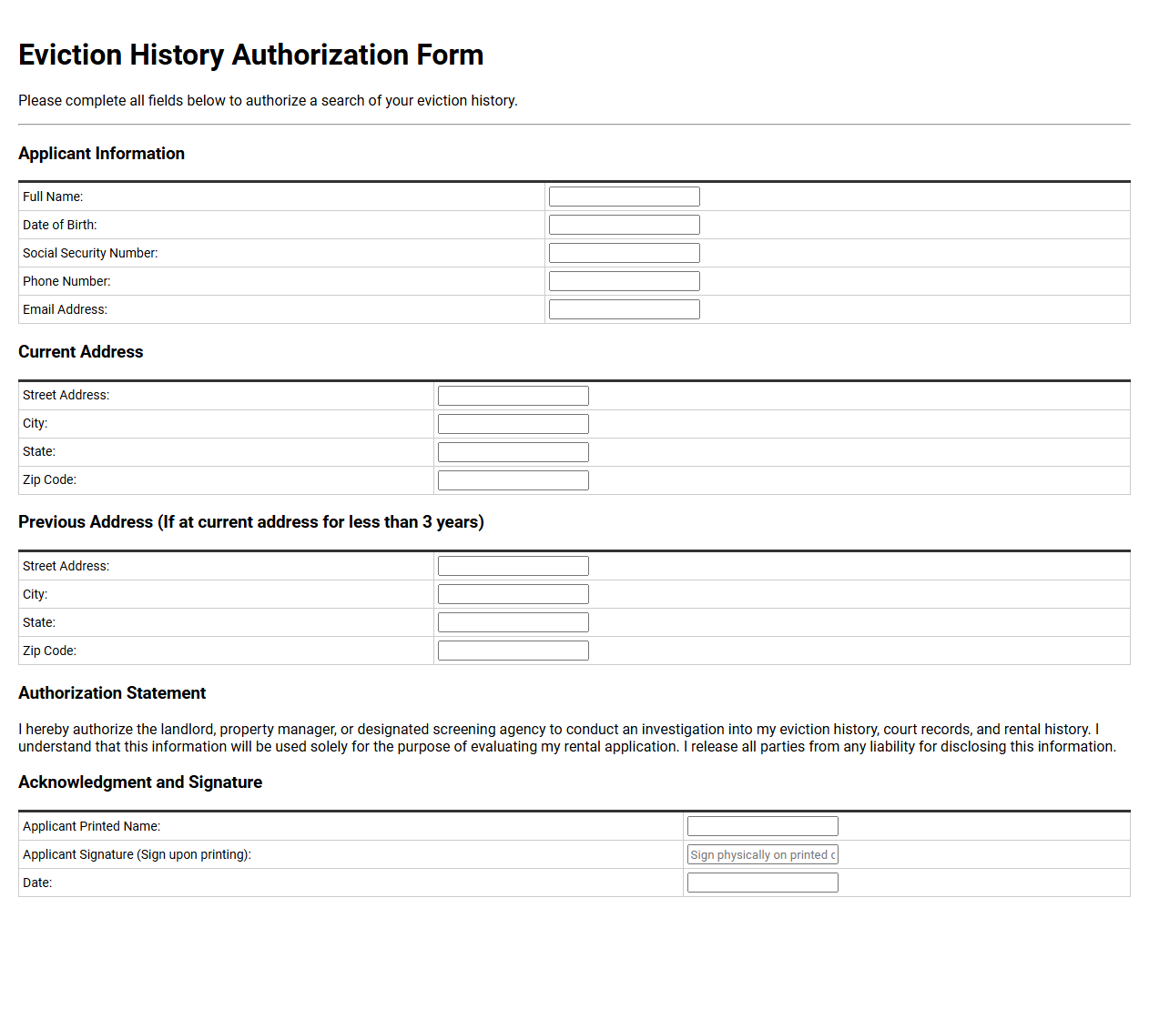 Eviction History Authorization Form