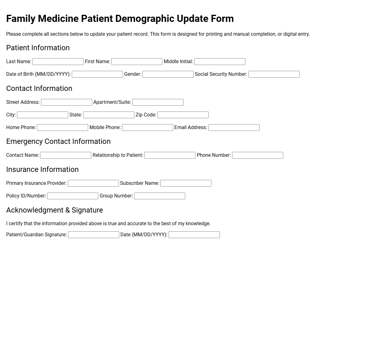 Family Medicine Patient Demographic Update Form