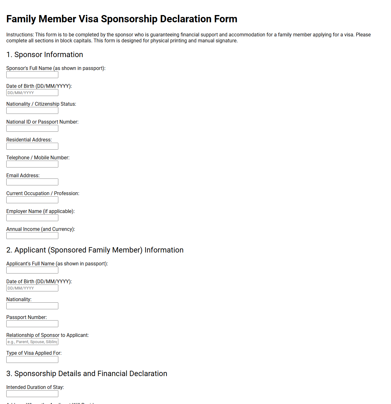 Family Member Visa Sponsorship Declaration Form