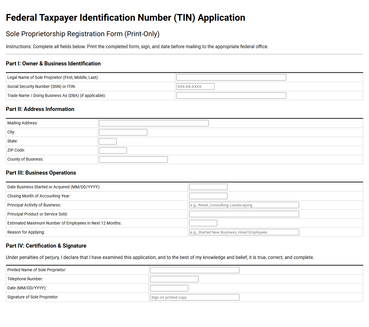Federal Taxpayer Identification Number Sole Proprietorship Form