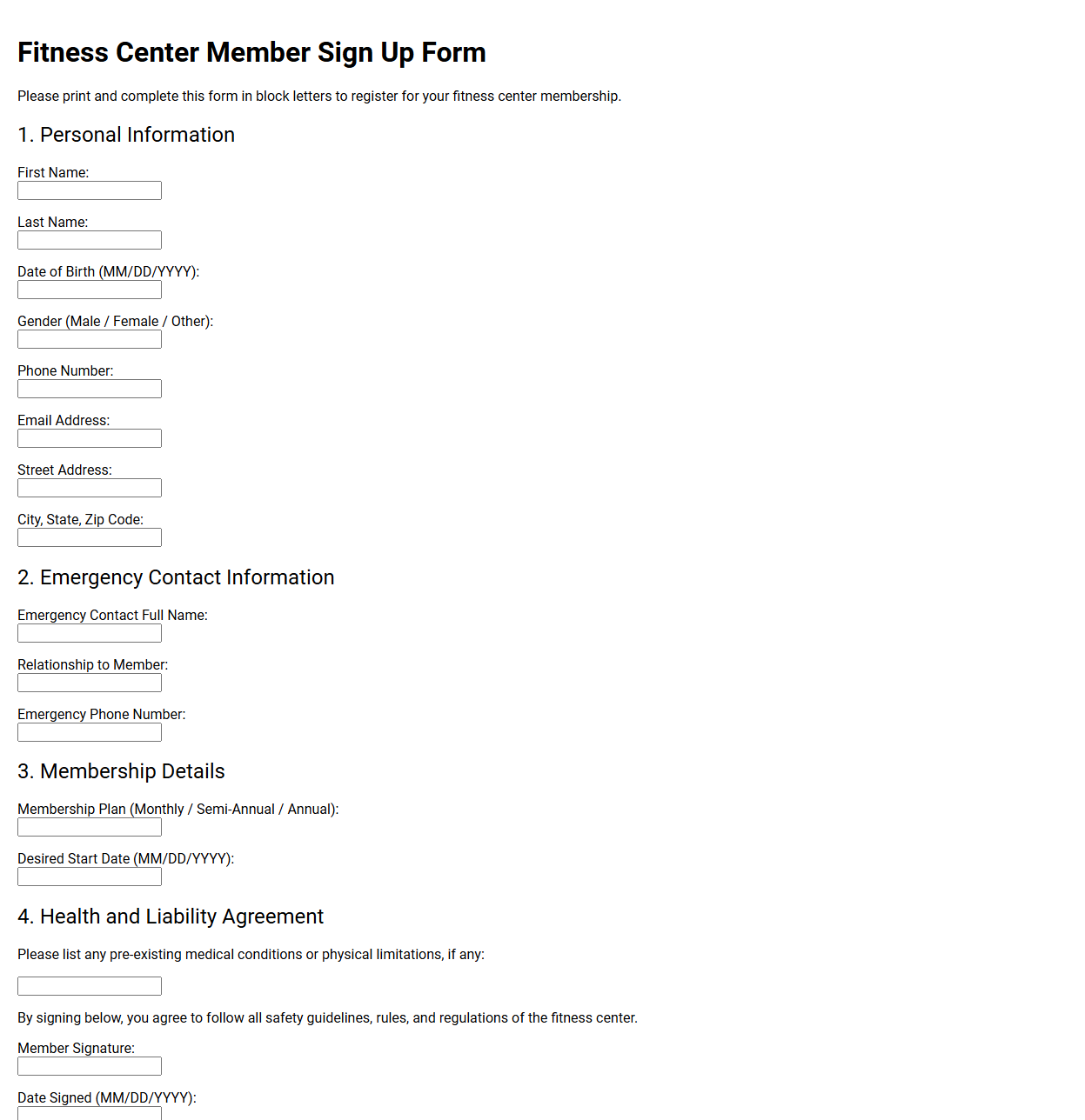Fitness Center Member Sign Up Form