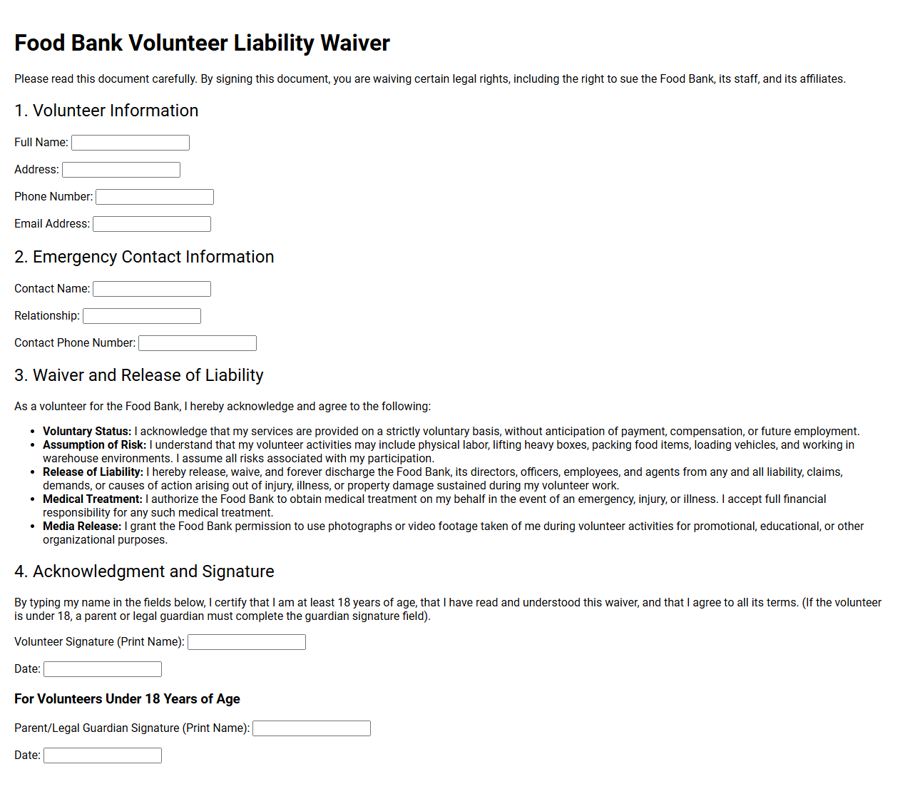 Food Bank Volunteer Liability Waiver