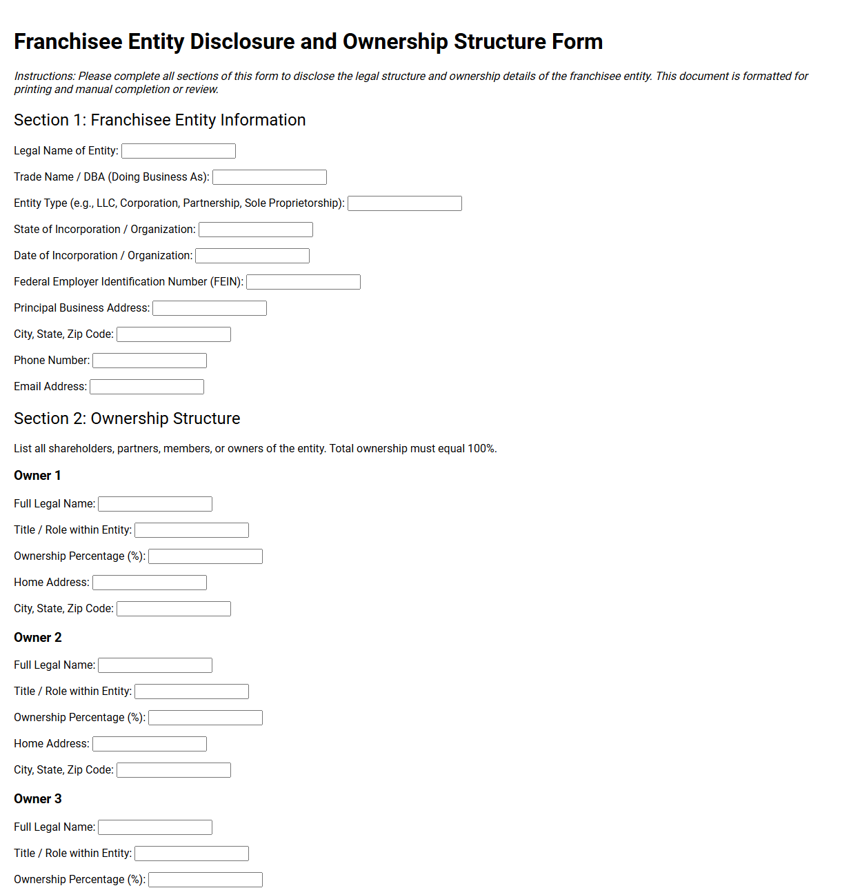 Franchisee Entity Disclosure and Ownership Structure Form