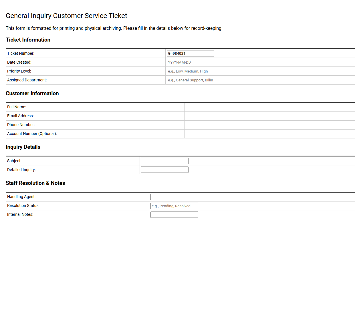 General Inquiry Customer Service Ticket