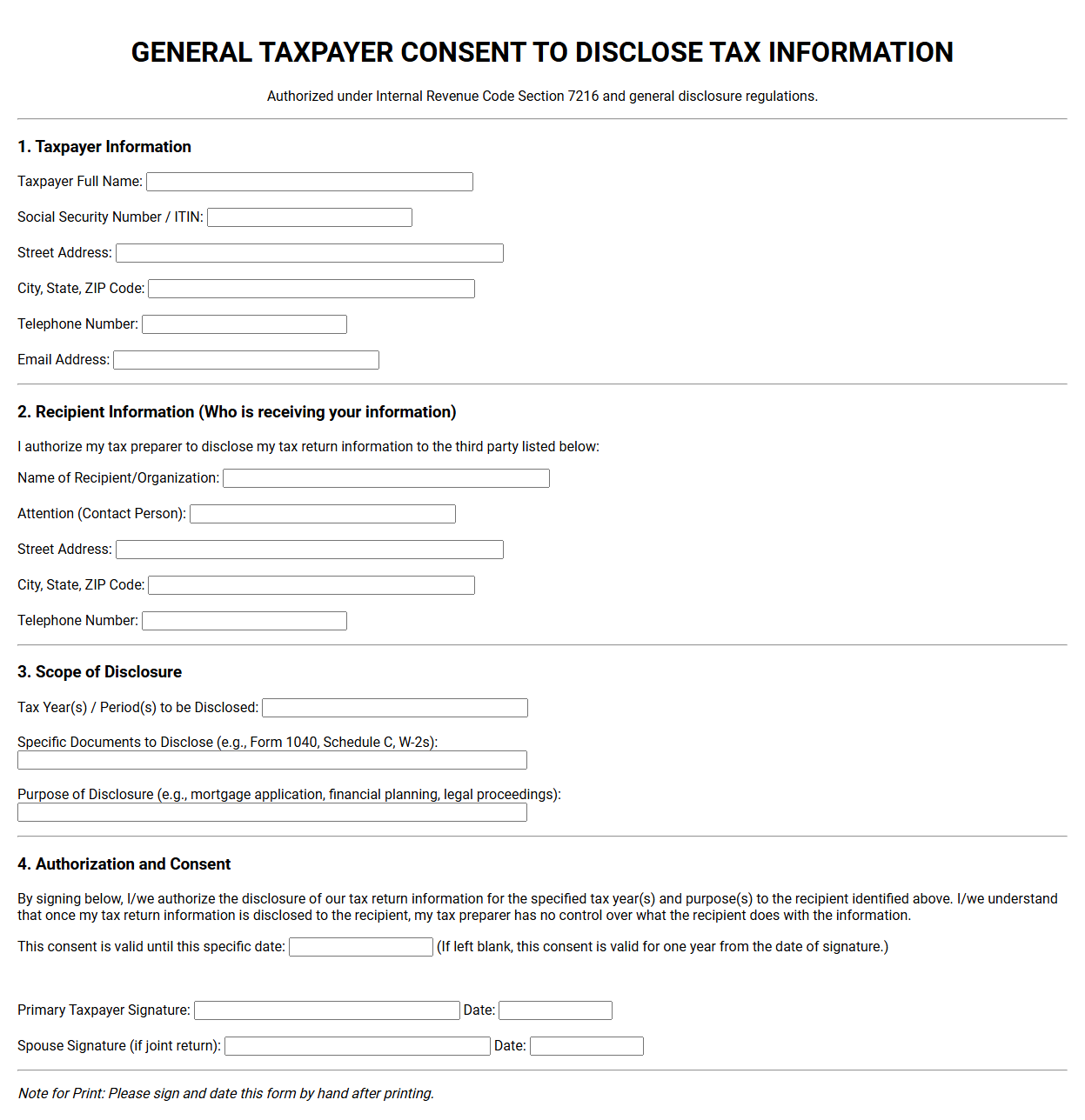 General Taxpayer Consent to Disclose Form Template