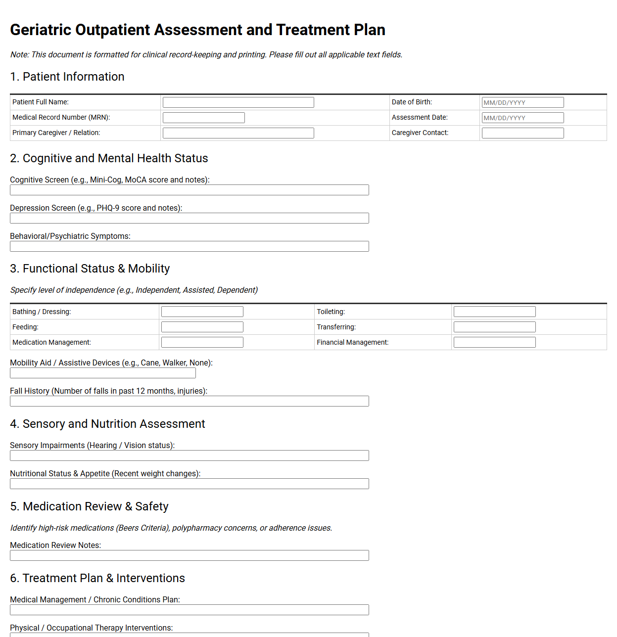 Geriatric Outpatient Assessment and Treatment Plan