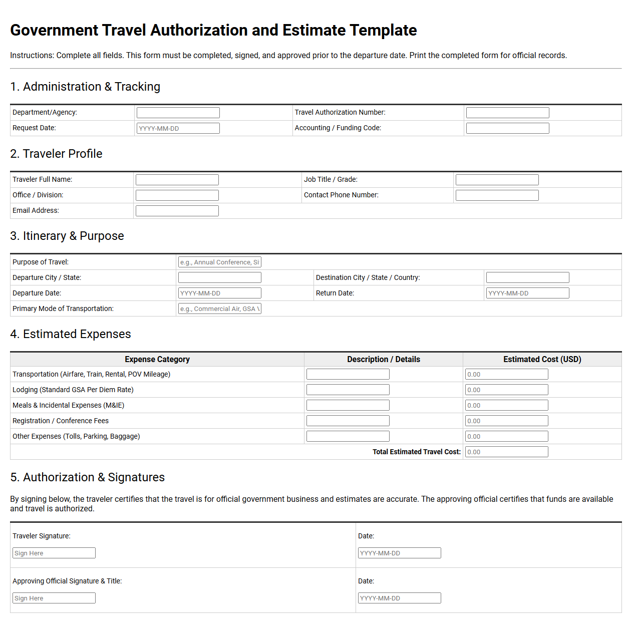 Government Travel Authorization and Estimate Template