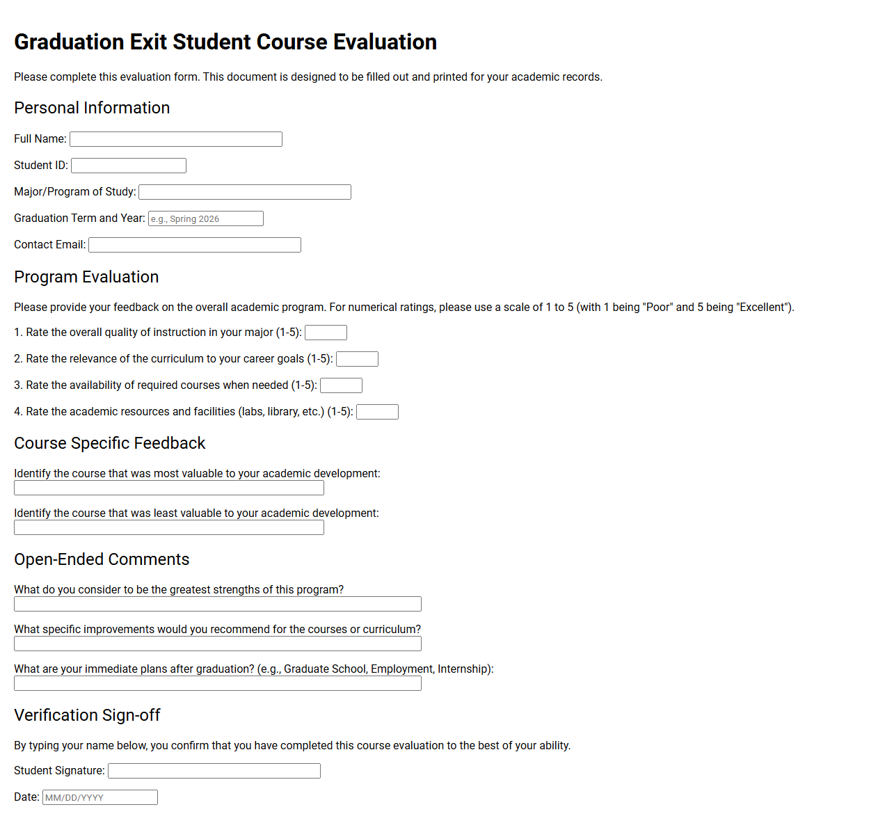 Graduation Exit Student Course Evaluation