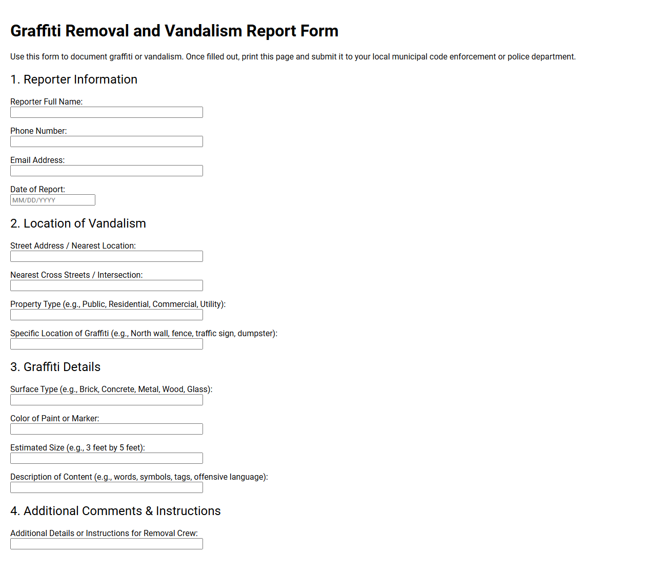 Graffiti Removal and Vandalism Report Form