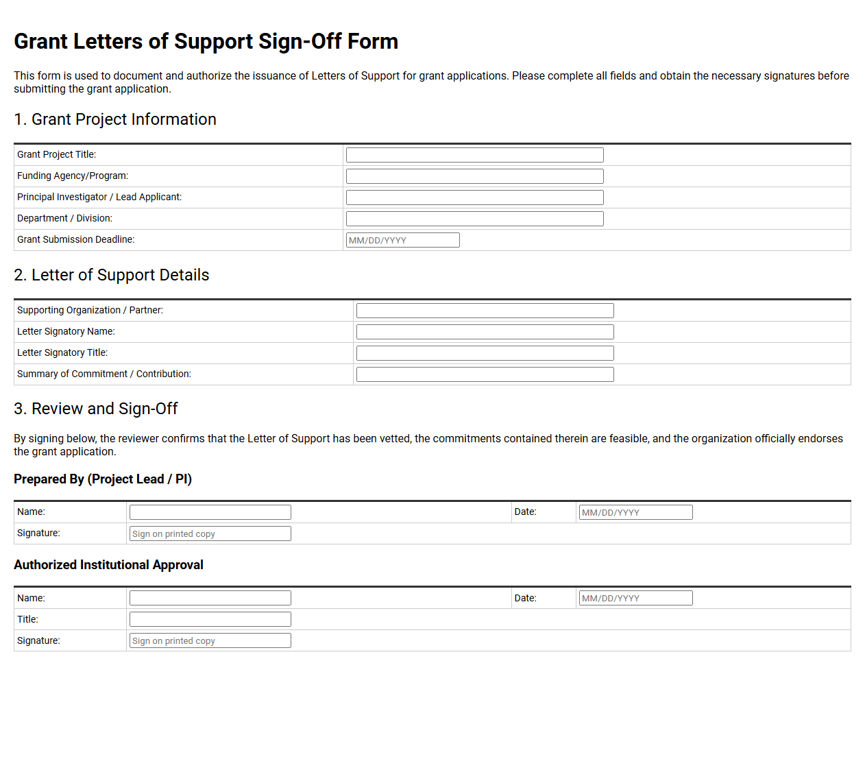 Grant Letters of Support Sign-Off Form