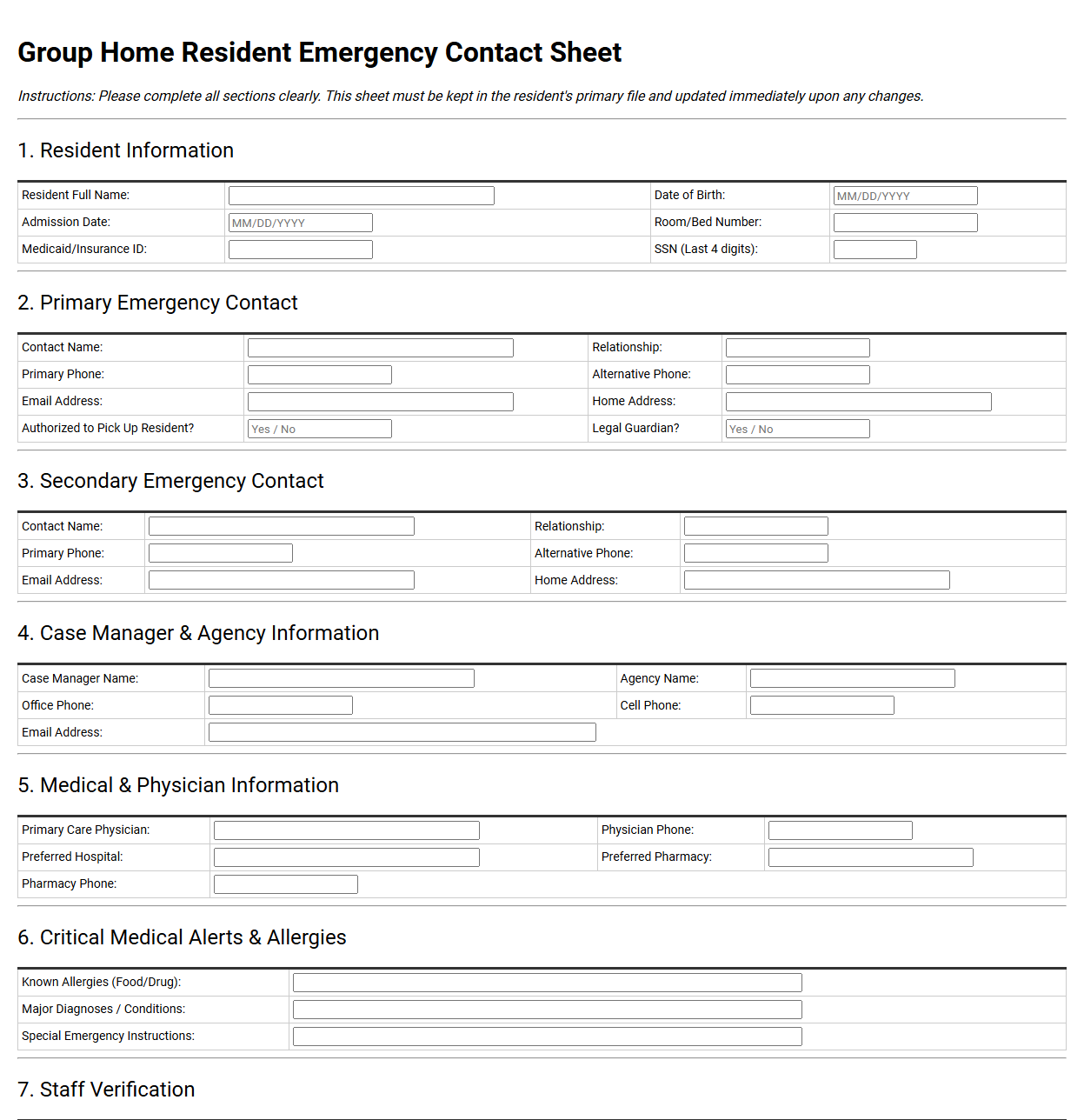 Group Home Resident Emergency Contact Sheet
