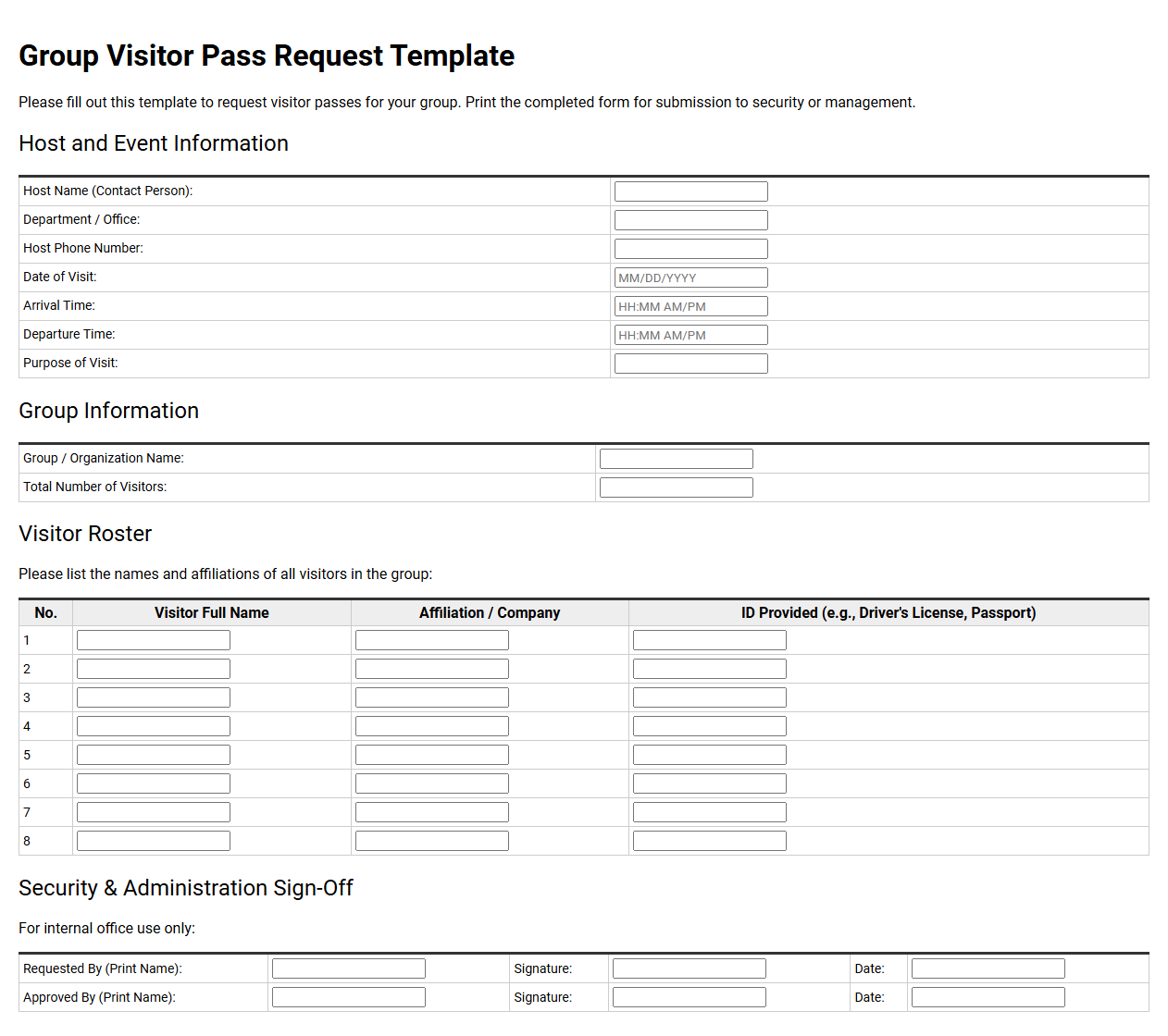 Group Visitor Pass Request Template
