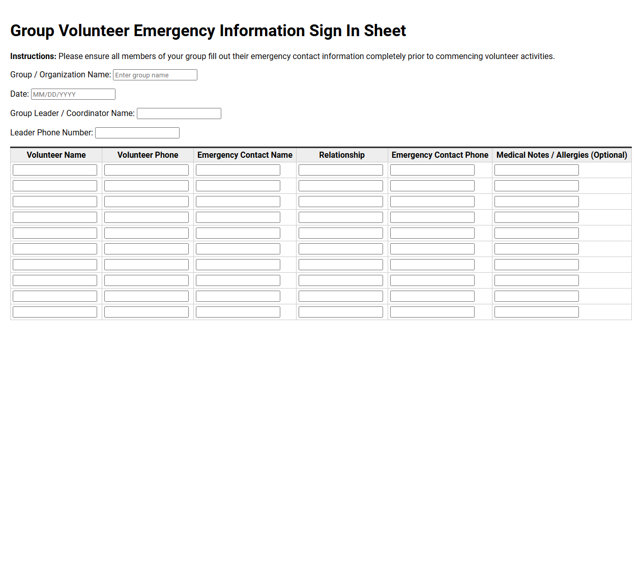 Group Volunteer Emergency Information Sign In Sheet
