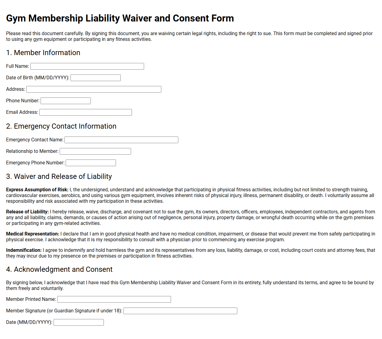 Gym Membership Liability Waiver and Consent Form