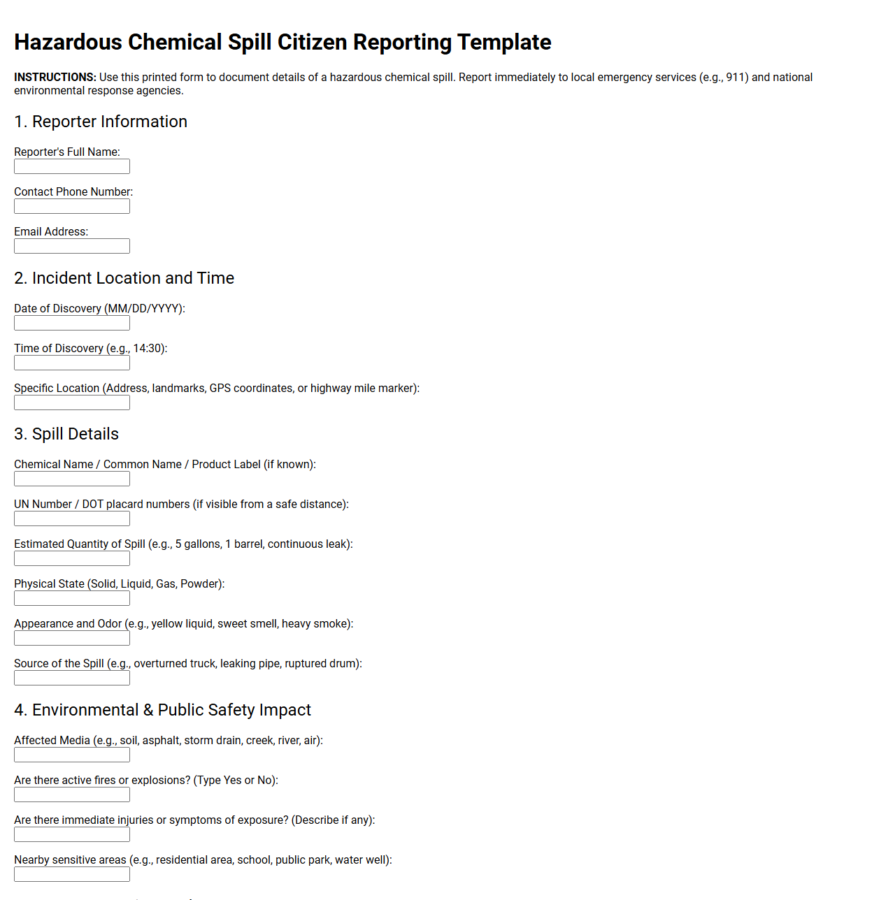 Hazardous chemical spill citizen reporting template
