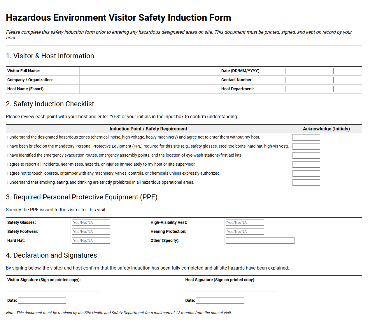 Hazardous Environment Visitor Safety Induction Form