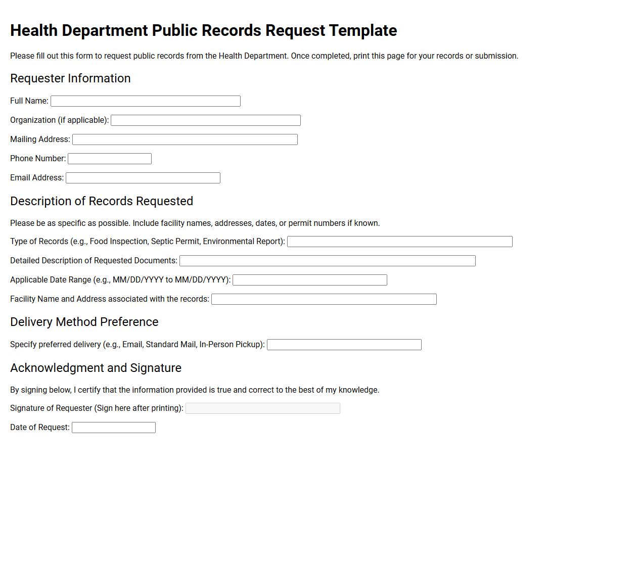 Health Department Public Records Request Template